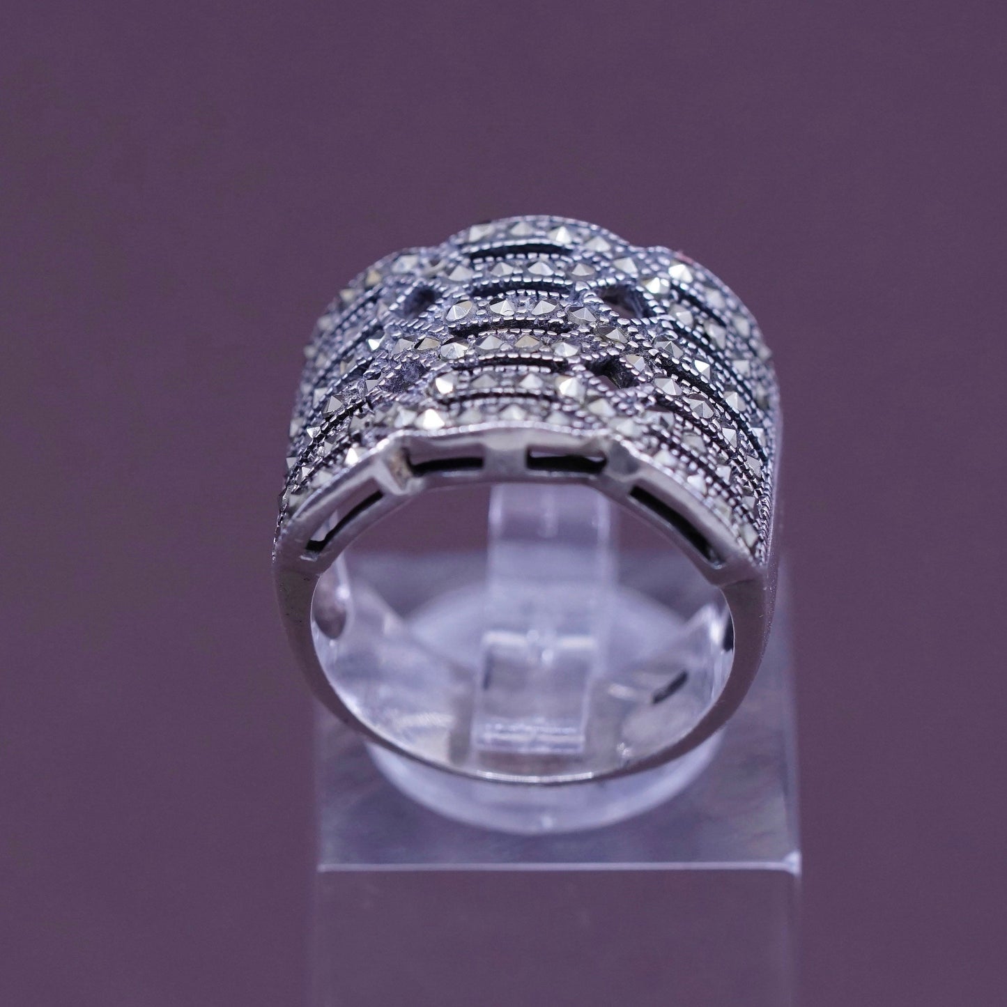 sz 7, vtg Art Deco Sterling silver handmade ring, wide 925 band with marcasite