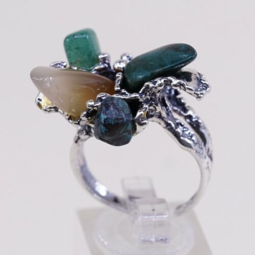Sz Adjustable, Vtg Navajo Sterling 925 Silver W/ Turquoise Jade Ring, Silver Tes