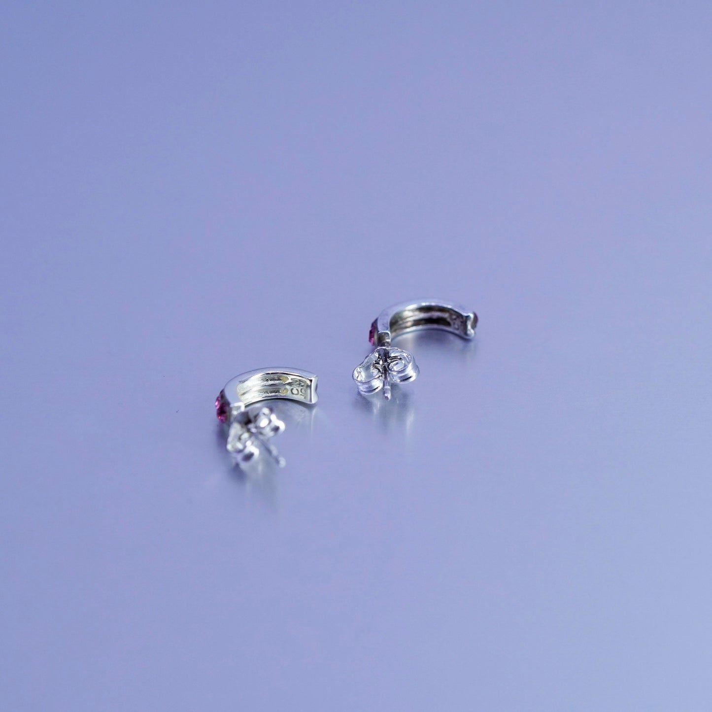 0.5”, vintage Sterling silver handmade earrings, 925 huggie hoops pink crystal