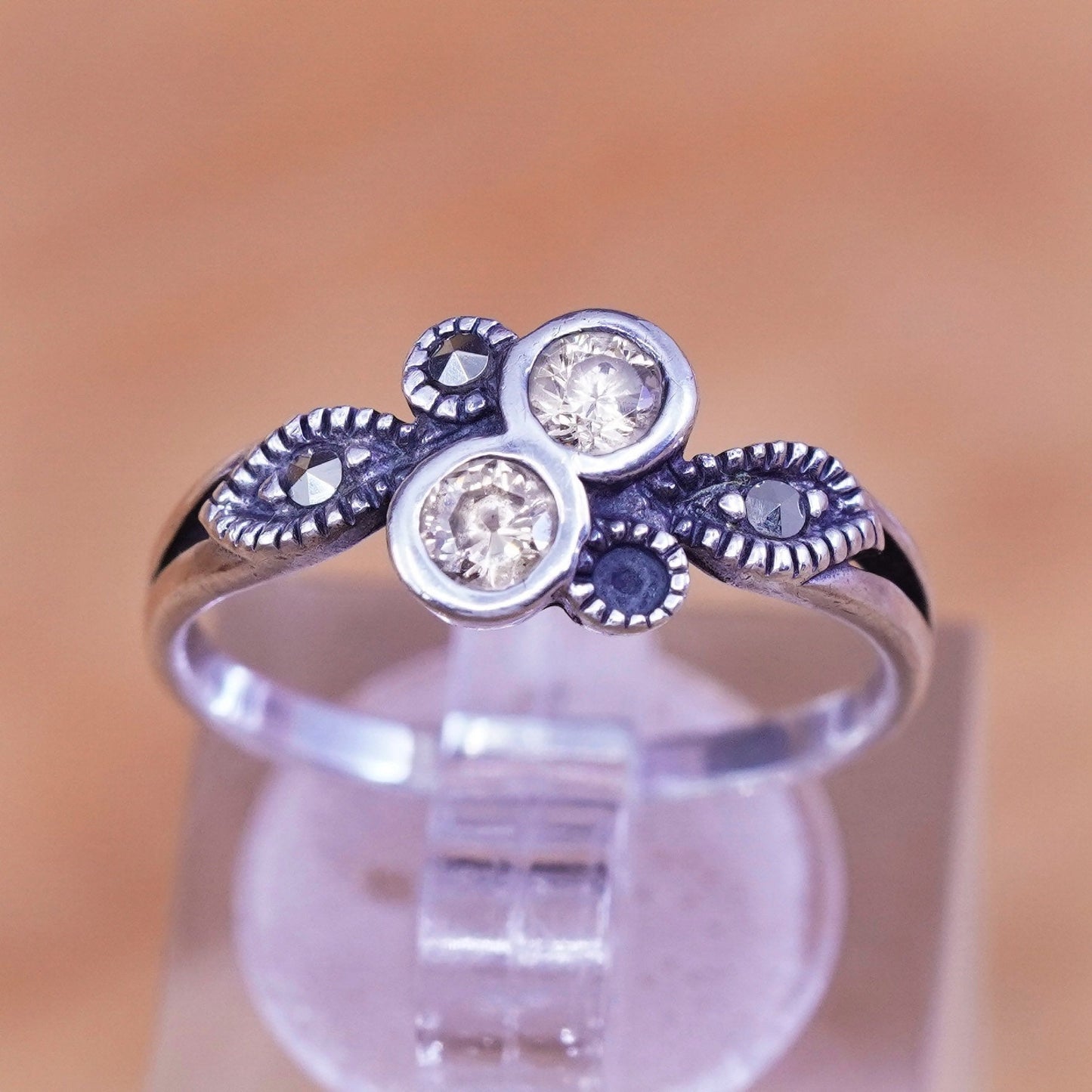 sz 6.75, Sterling 925 silver handmade statement ring w/ citrine and Marcasite