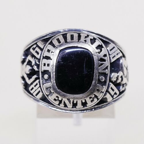Sz 11.5, 1980s Sterling Silver Ring, 925 Brooklyn Center Statement W/ Obsidian