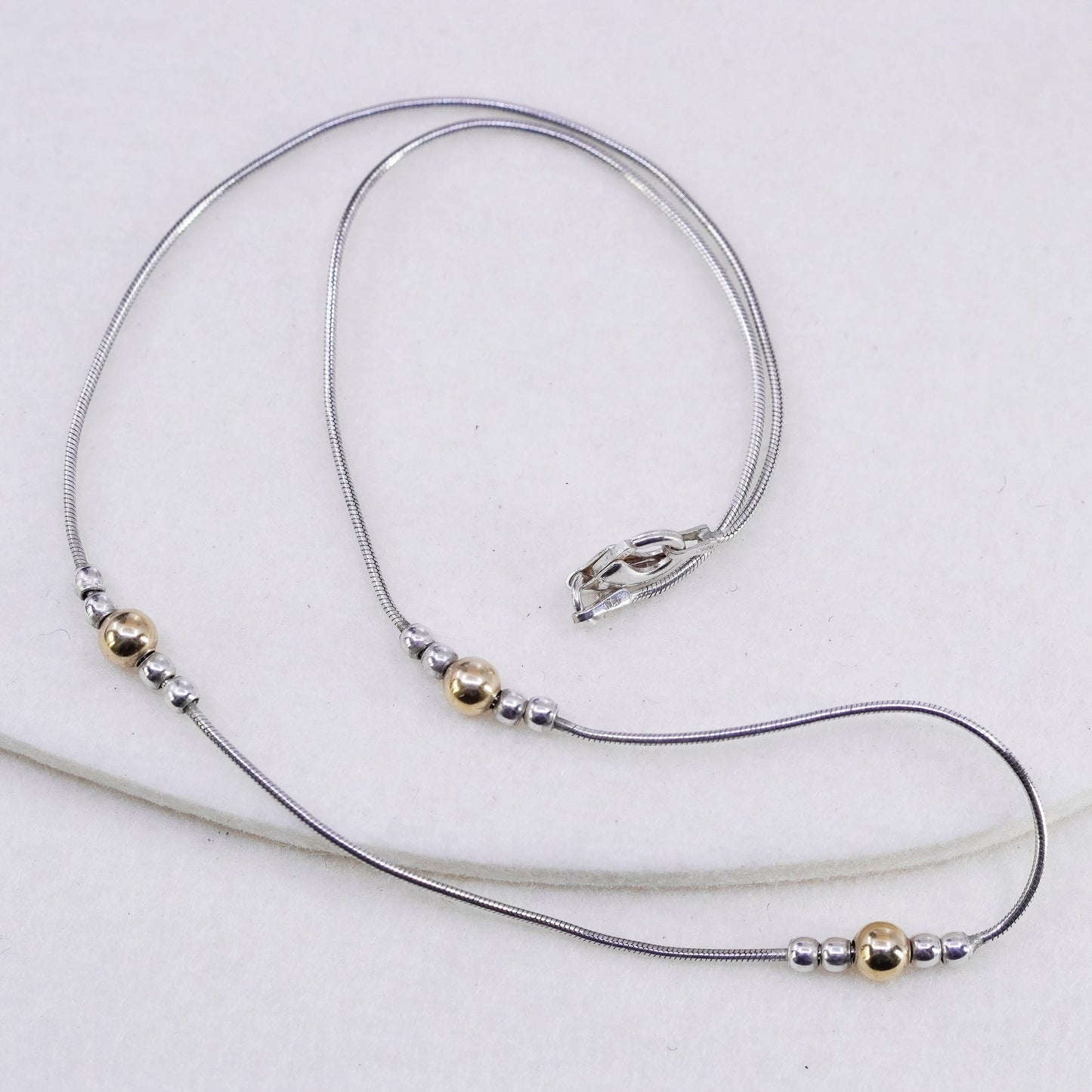 16”, vintage Sterling 925 silver handmade snake necklace with 14K gold beads