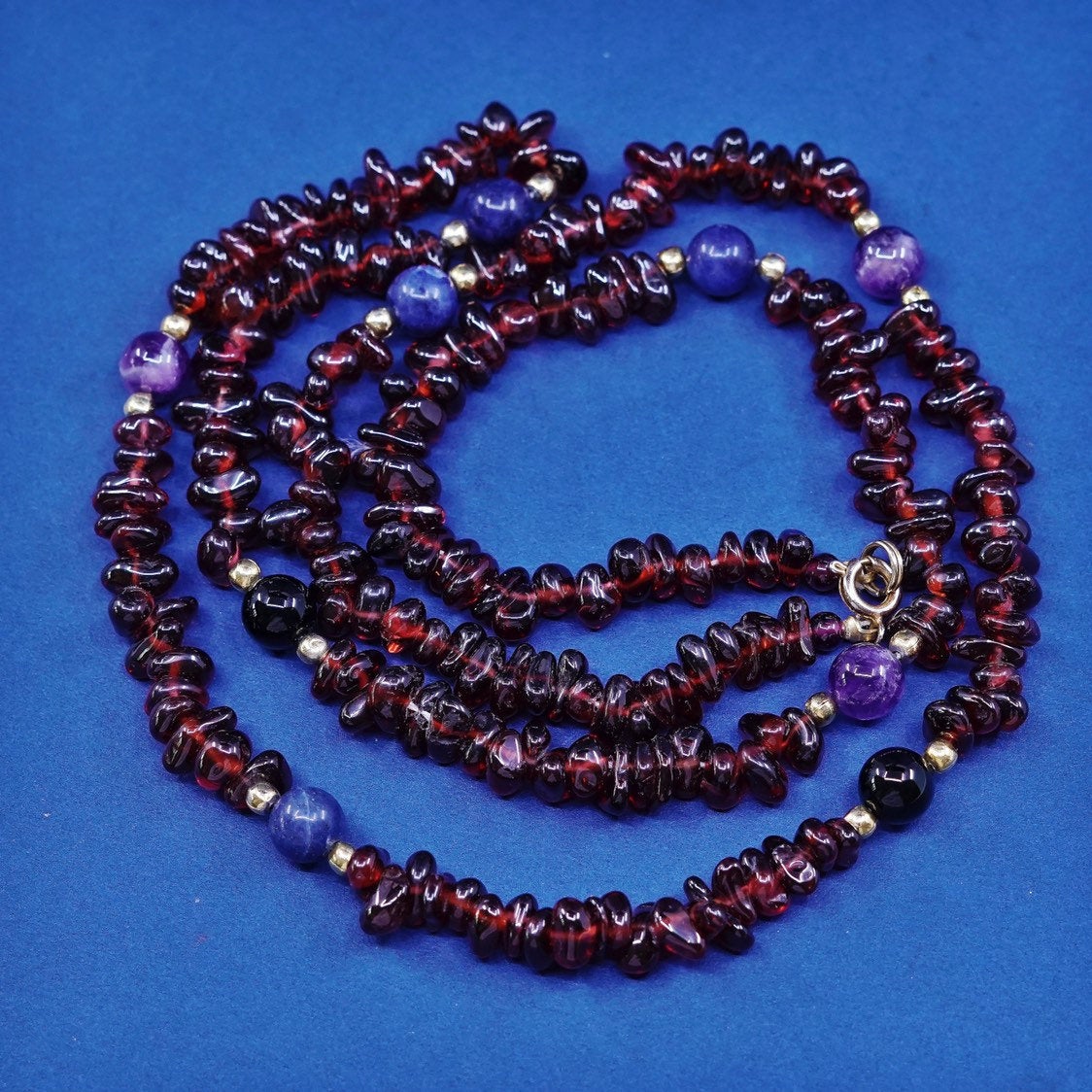 30”, vintage handmade garnet beads with brass clasp