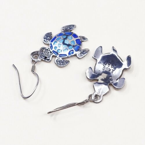 Vtg Designer Arte Sterling Handmade Earrings, 980 Silver Enamel Turtle