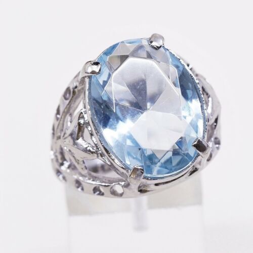 Sz 8.5,vtSterling Silver Cocktail Ring, 925 Silver Ring W/ Birthstone Blue Topaz