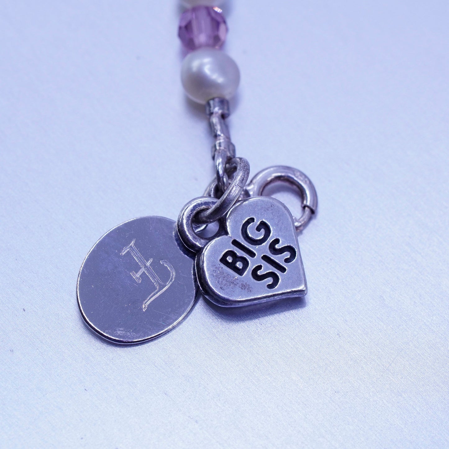 5”, Sterling 925 silver bracelet freshwater pearl crystal heart big sis charm