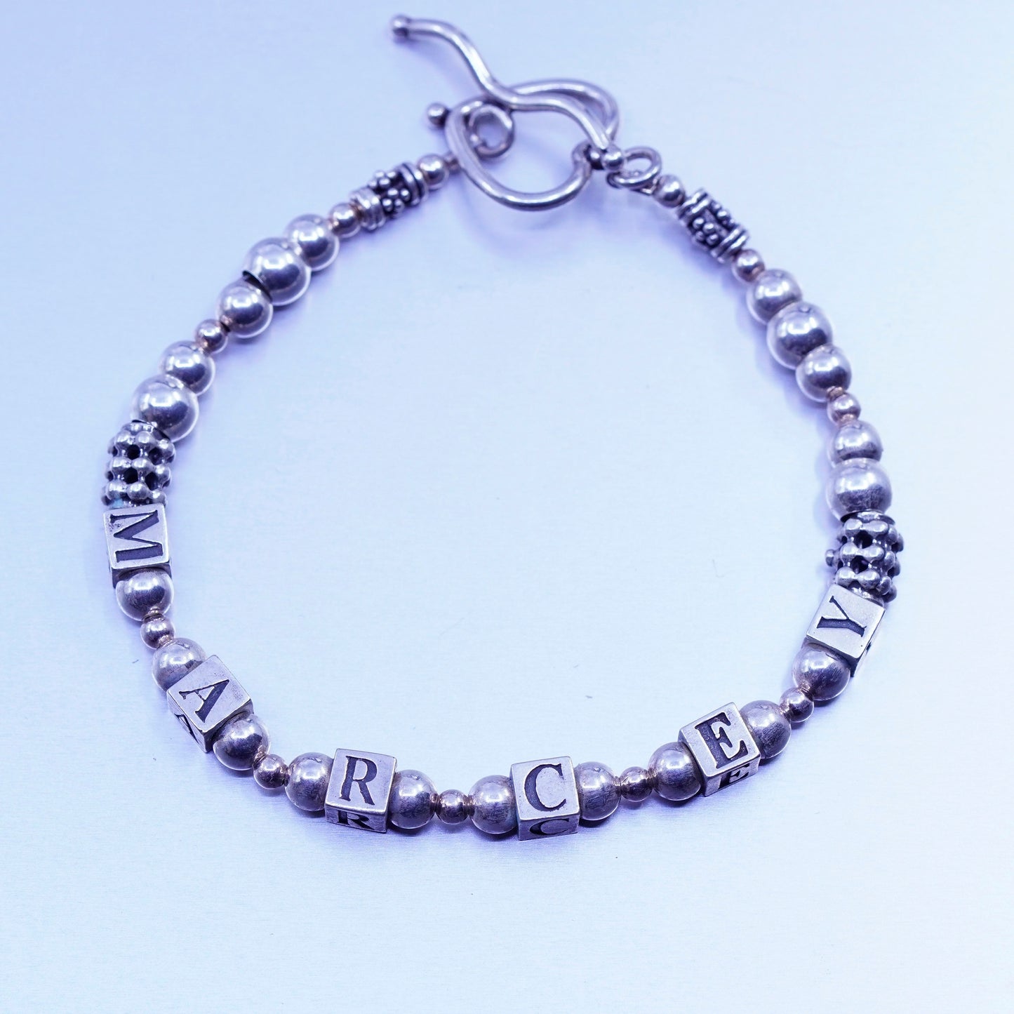 7”, vintage Sterling 925 silver bracelet with cube letter beads “Marcey”