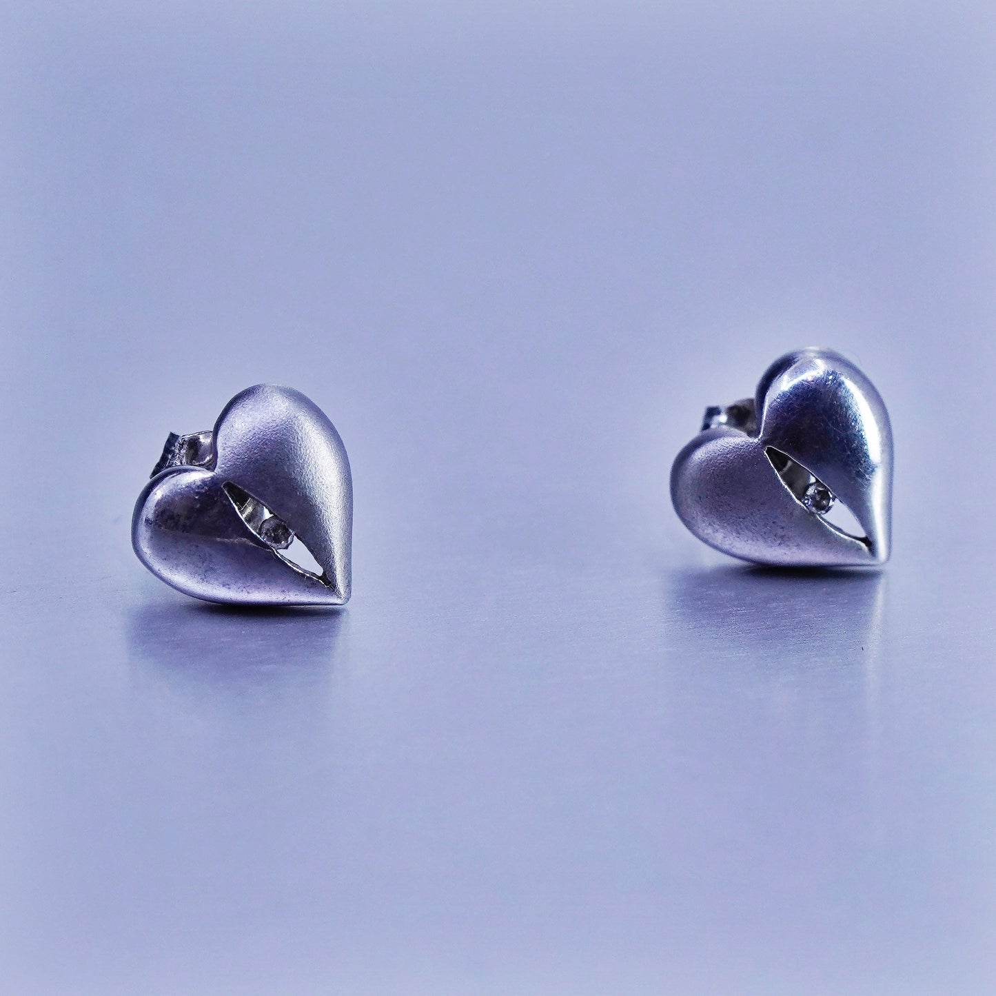Vintage Sterling 925 silver handmade heart earrings, studs with diamond