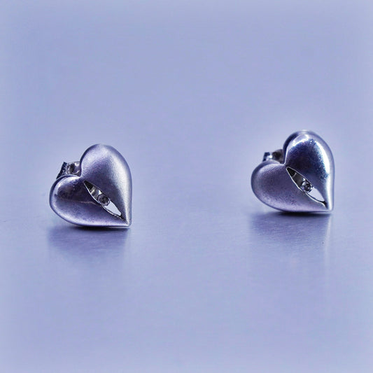 Vintage Sterling 925 silver handmade heart earrings, studs with diamond