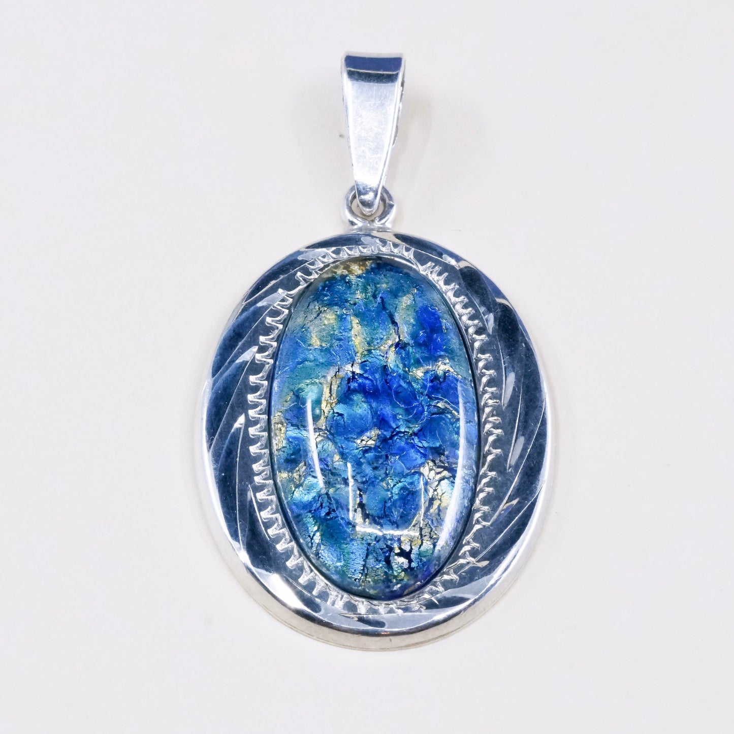 vtg JLR sterling silver w/ handmade oval shaped dichroic foiled glass pendant