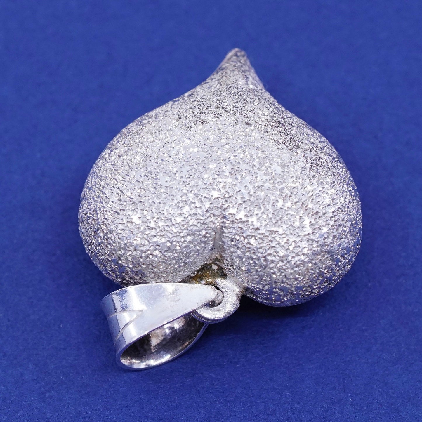 Vintage Sterling silver handmade pendant, glitter surface puffy 925 heart