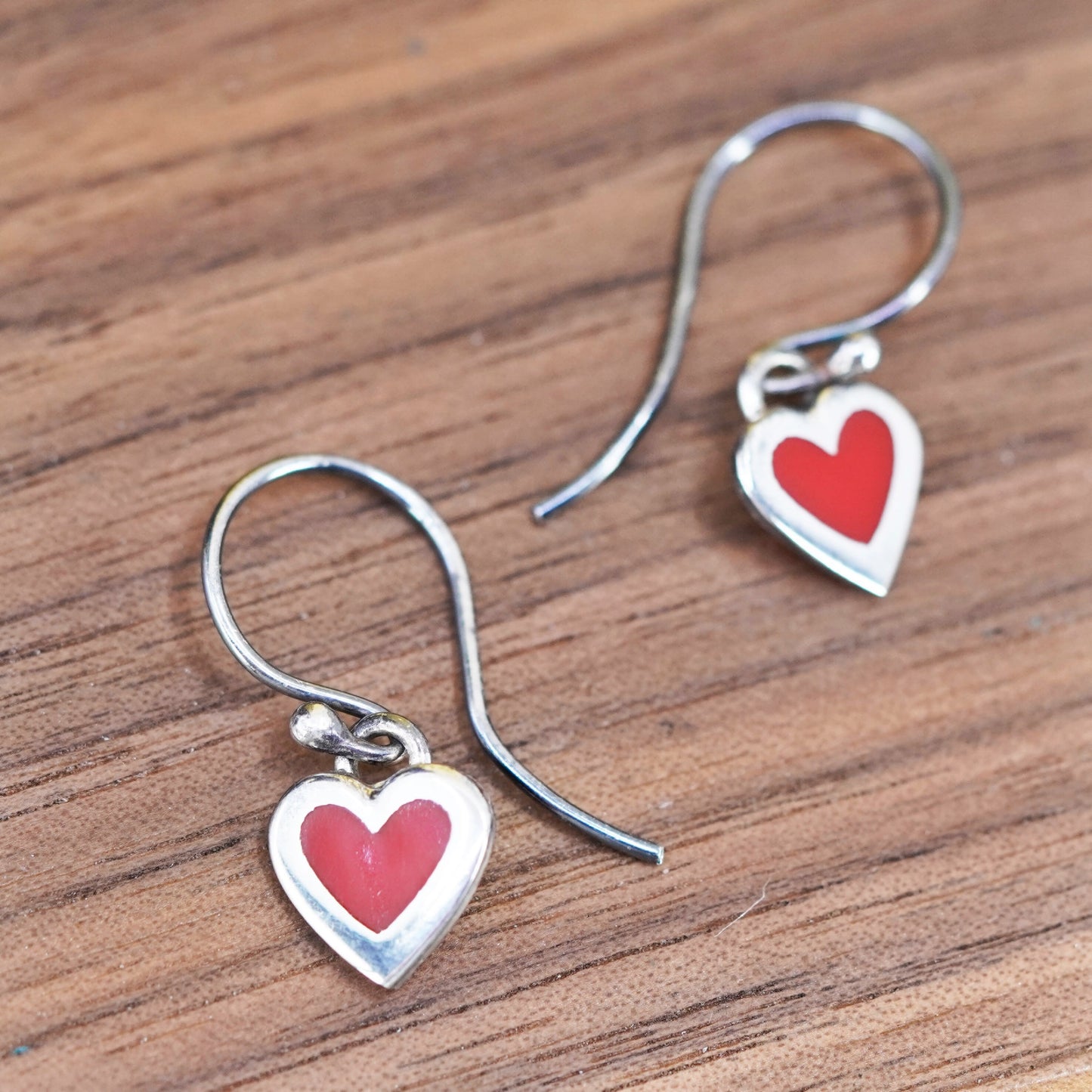 Vintage Sterling 925 silver handmade earrings with red enamel heart