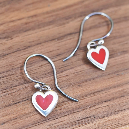 Vintage Sterling 925 silver handmade earrings with red enamel heart