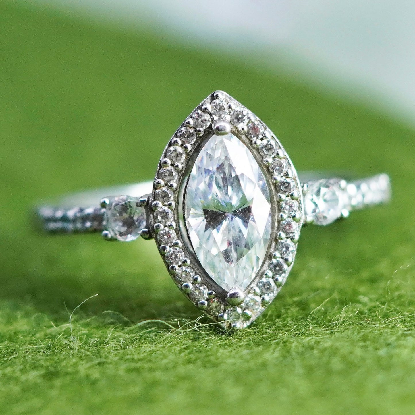 Size 10.5, 925 Sterling silver ring with Marquise cut crystal and CZ cluster
