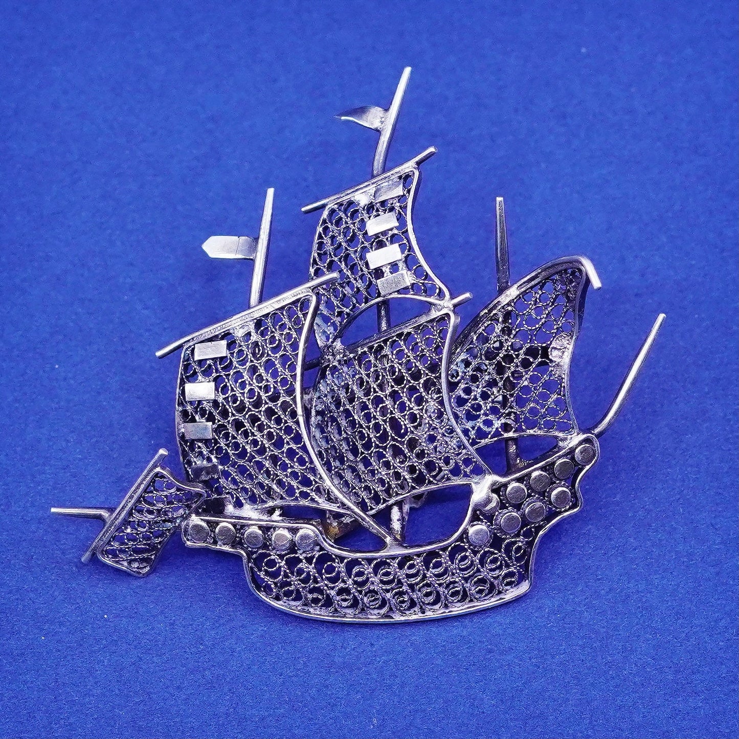 Vintage sterling silver handmade brooch, 800 filigree boat pin