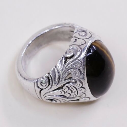 Sz 5, Vtg Handmade Sterling Silver Ring W/ Golden Tiger Eye N Filigree Details