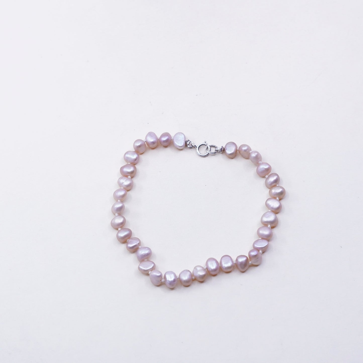 7.25”, Vintage handmade bracelet, pink pearl beads w/ sterling 925 silver clasp