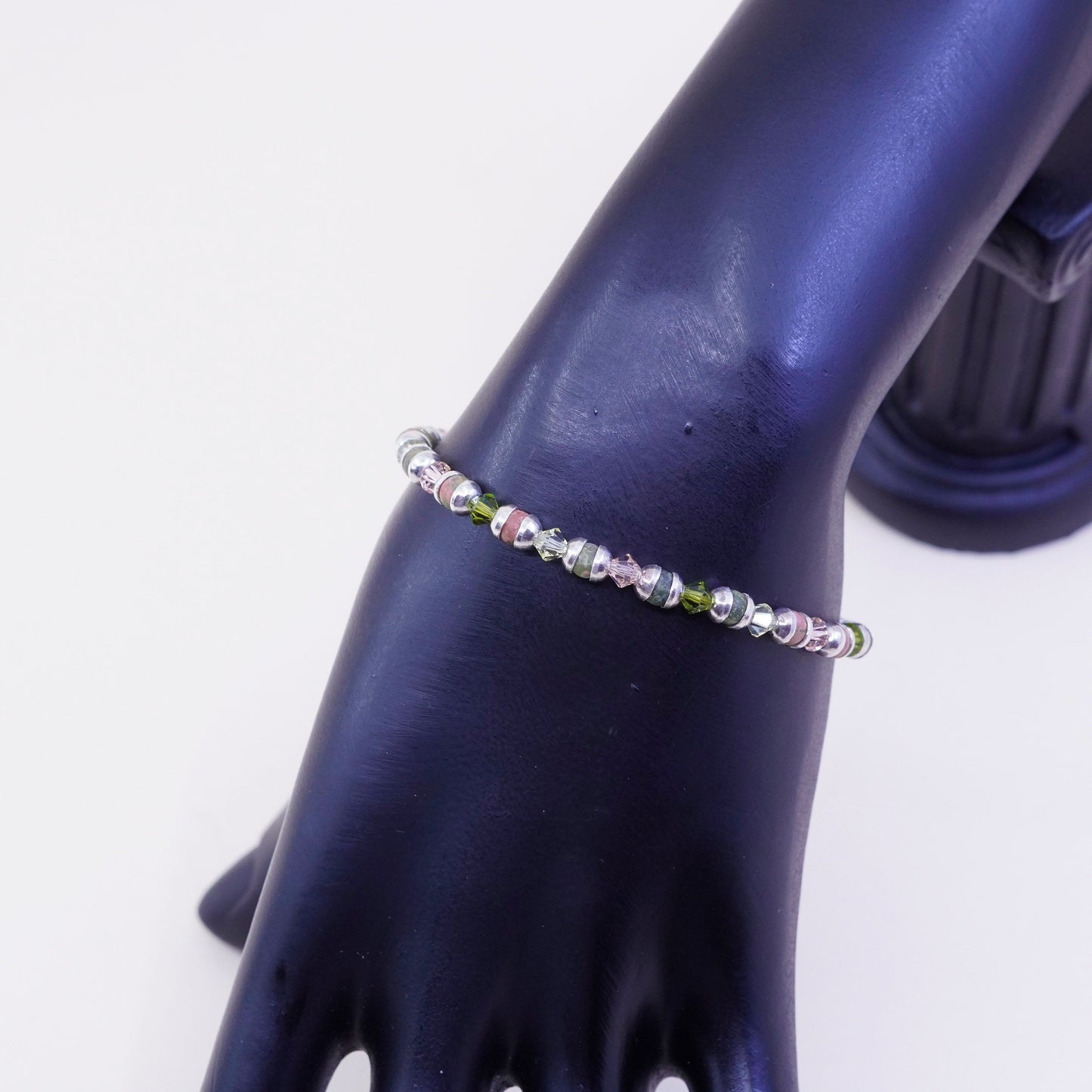 6.75”, Vintage Sterling 925 silver handmade bracelet with pink crystal Unakite