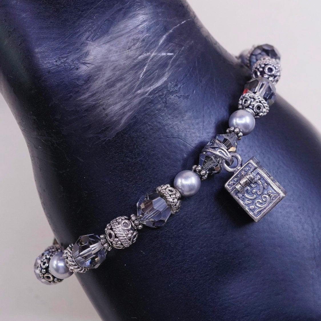 7", Sterling silver handmade bracelet 925 beads w crystal pearl N prayer locket
