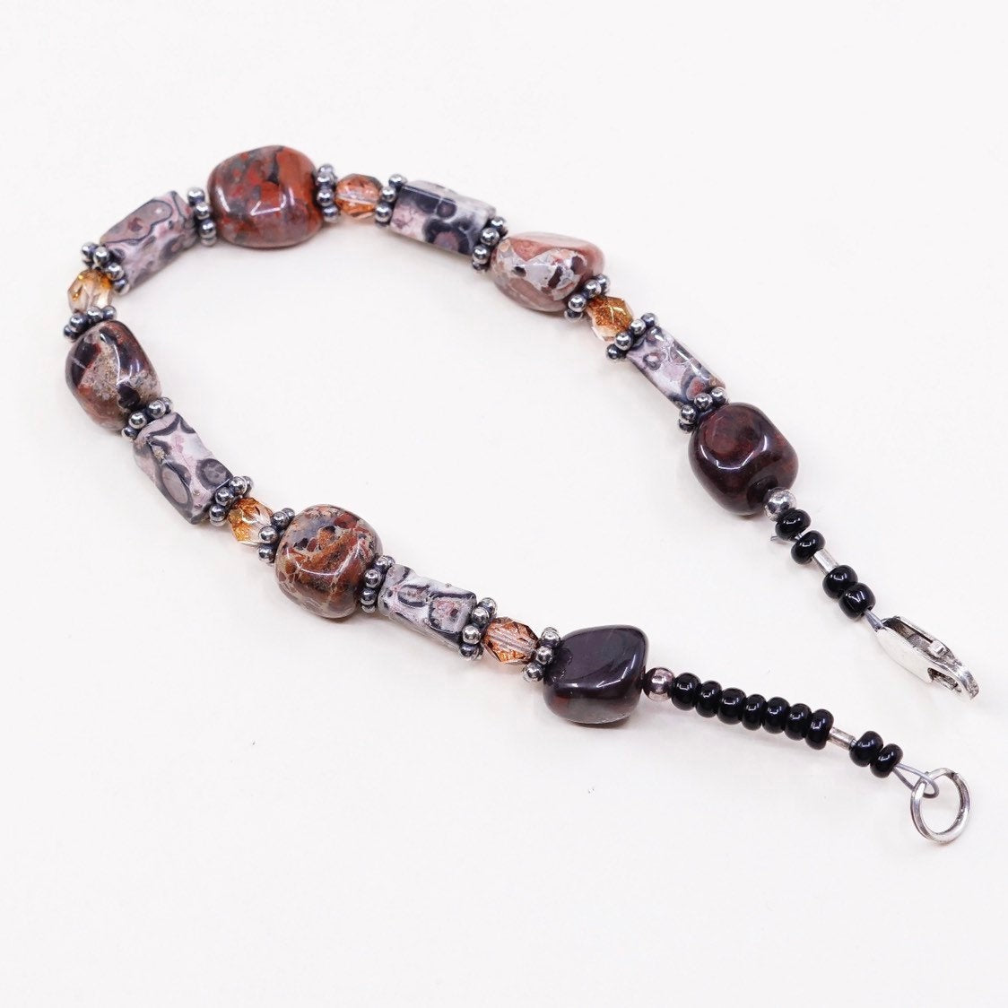 7", handmade vintage Jasper beads bracelet, with Sterling silver closure