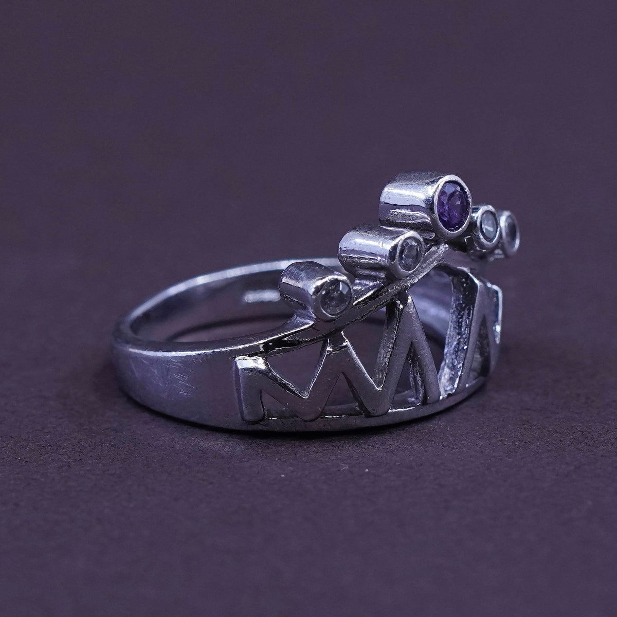 Size 7.75, Vintage Sterling 925 silver handmade crown Ring w/ amethyst and Cz