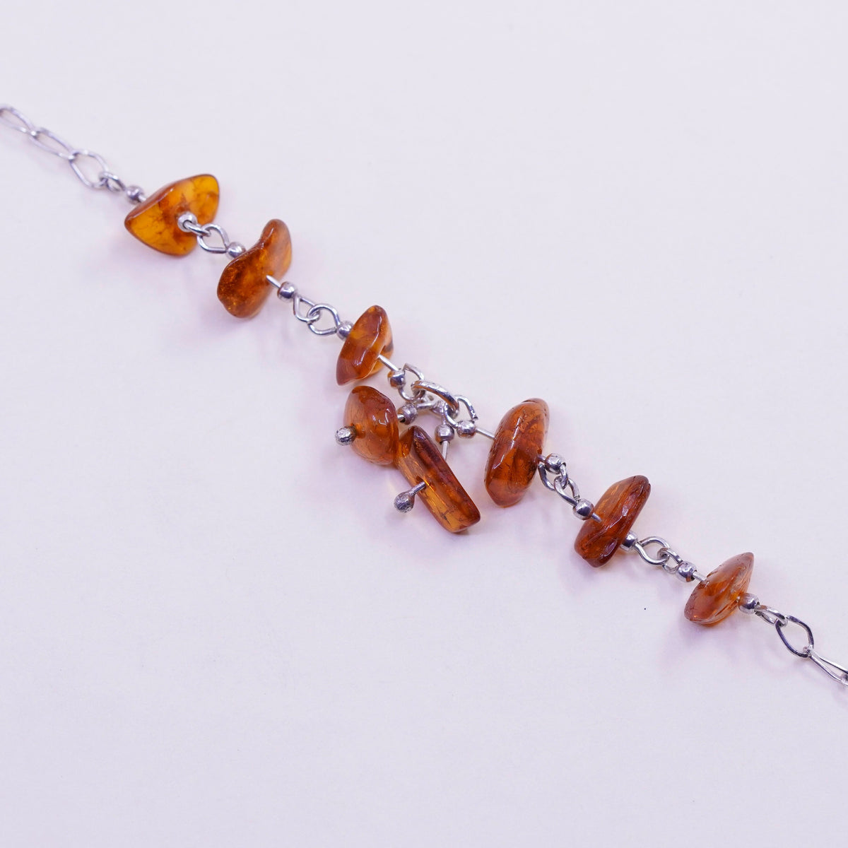 6.5”, Vintage sterling 925 silver handmade tennis bracelet with nugget amber