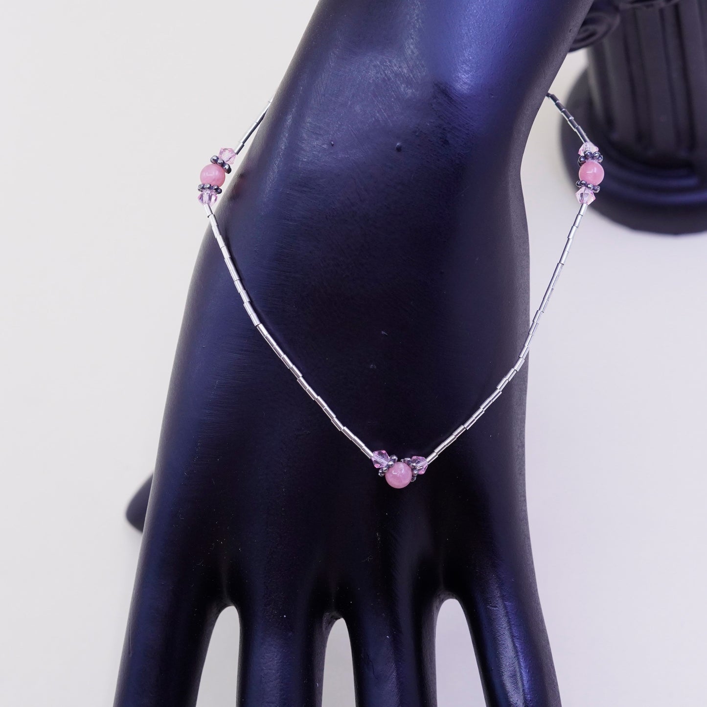 9.75”, sterling silver handmade bracelet anklet, 925 liquid chain crystal beads