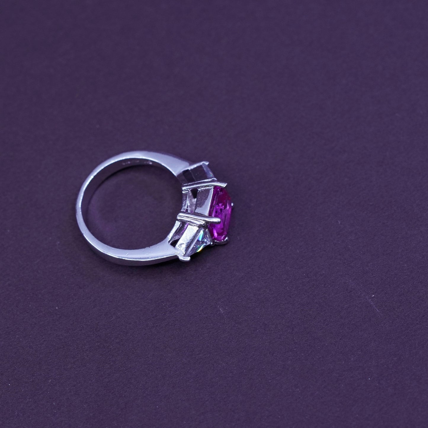 Size 5.25, vintage Sterling 925 silver ring with pink crystal and clear cz