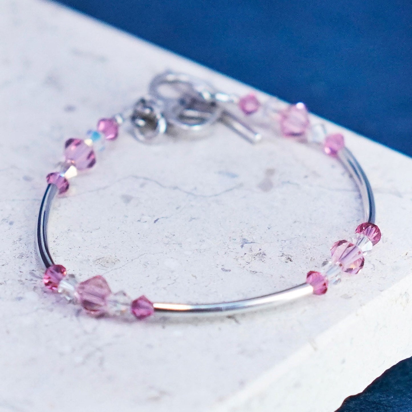 6.75”, Sterling silver bracelet, 925 bangle crystal breast cancer ribbon charm