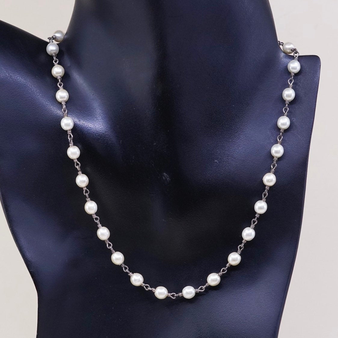 16+1”, vtg AK handmade Sterling silver bead chain w/ pearl beads