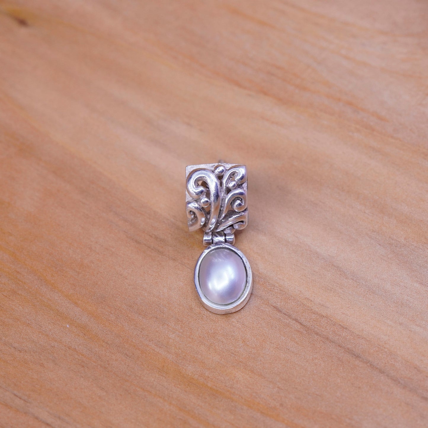 Sterling silver earrings, 925 studs with freshwater pearl drop and filigree