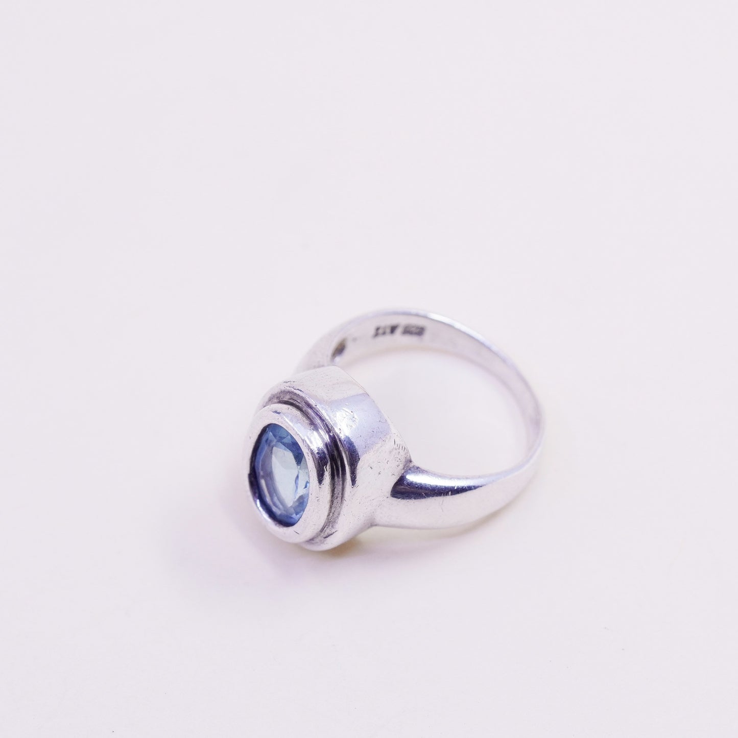 Size 7.5, vintage Sterling silver statement ring, 925 band with oval blue topaz