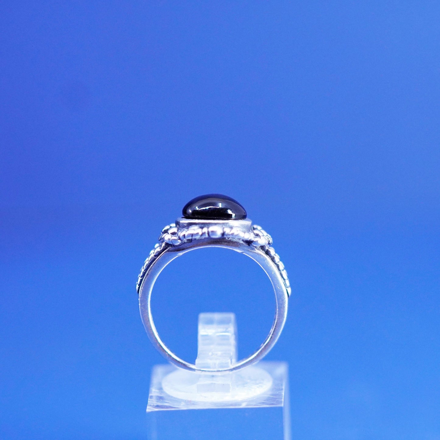 Size 7, vintage Sterling 925 silver handmade ring with onyx and beads details