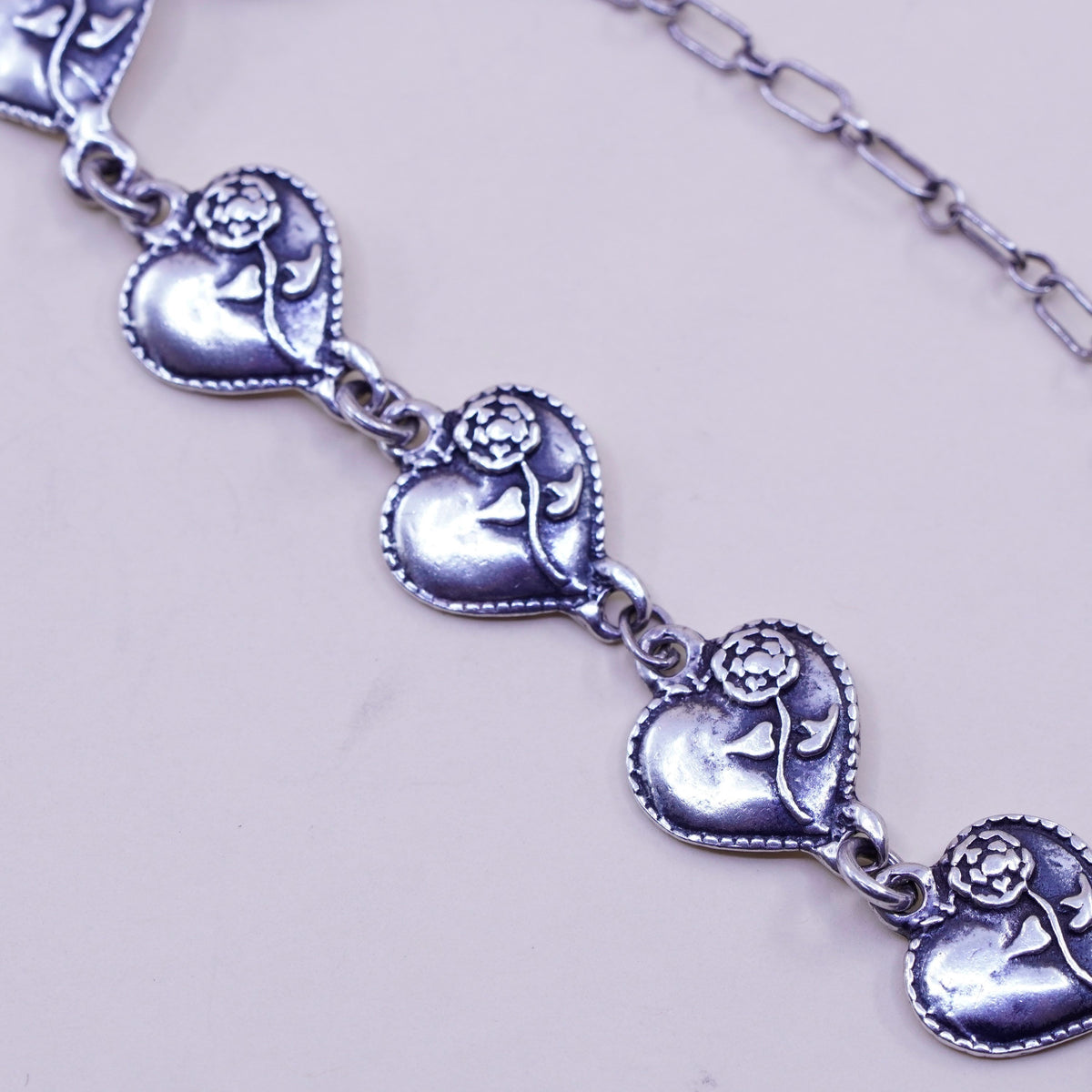 7.5”, Vintage sterling silver handmade bracelet, 925 heart chain with flower