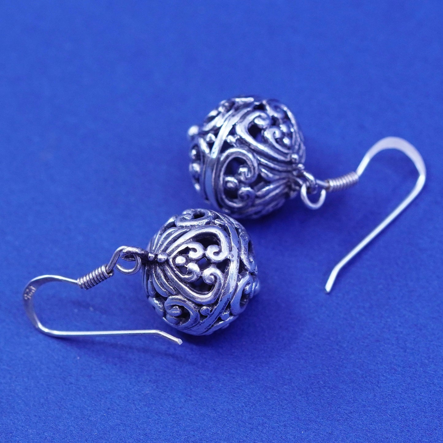 Vintage sterling silver handmade earrings, 925 filigree Bali drops