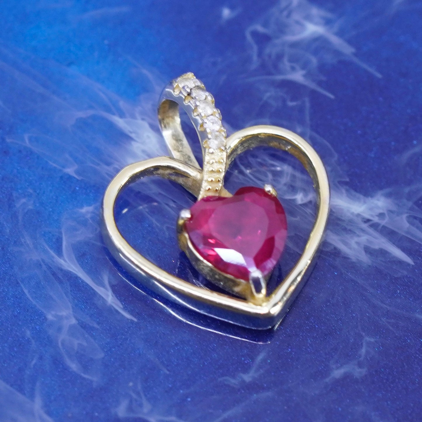 Vintage vermeil gold Sterling silver 925 heart pendant genuine ruby diamond