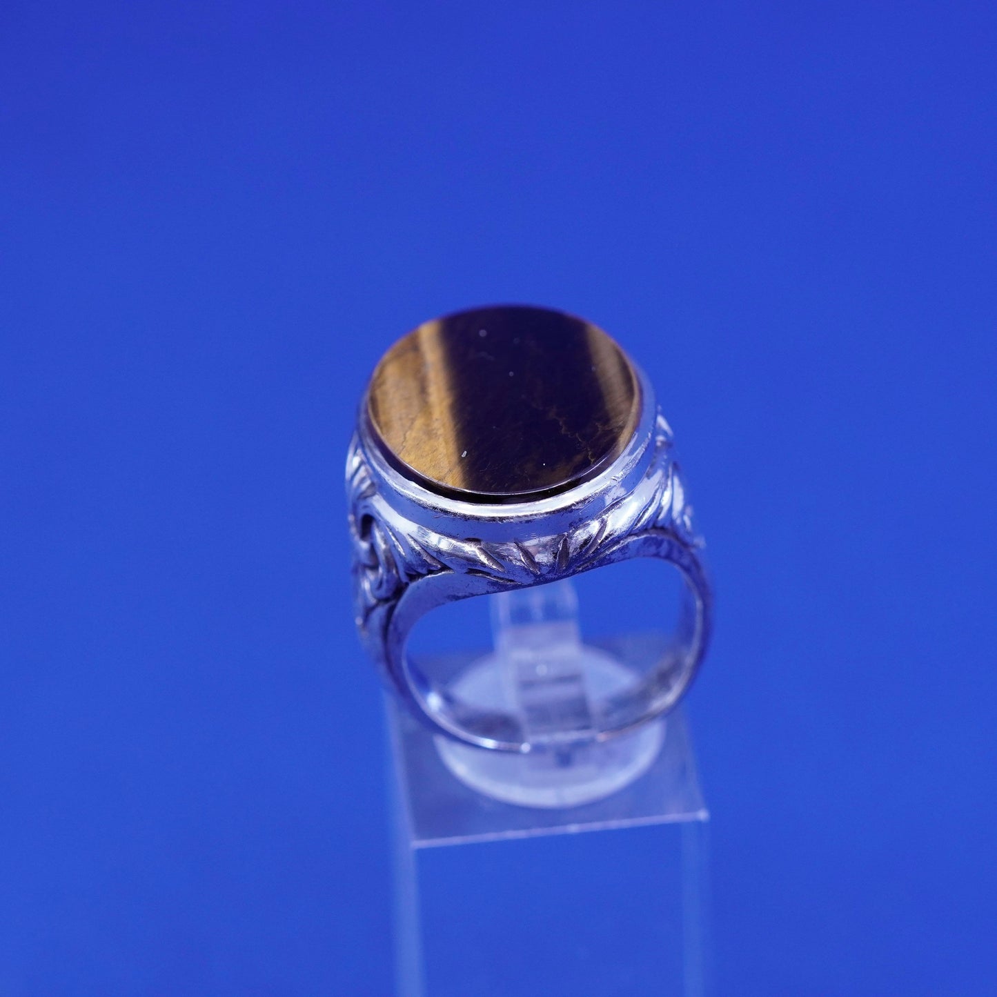 Size 9.25, Sterling 925 silver statement ring with golden tiger eye and relief