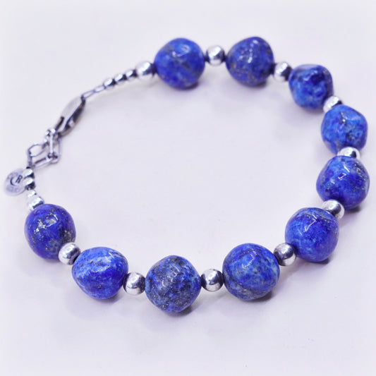 7.5+1”, Vintage Sterling 925 silver Handmade bracelet 10mm lapis lazuli beads