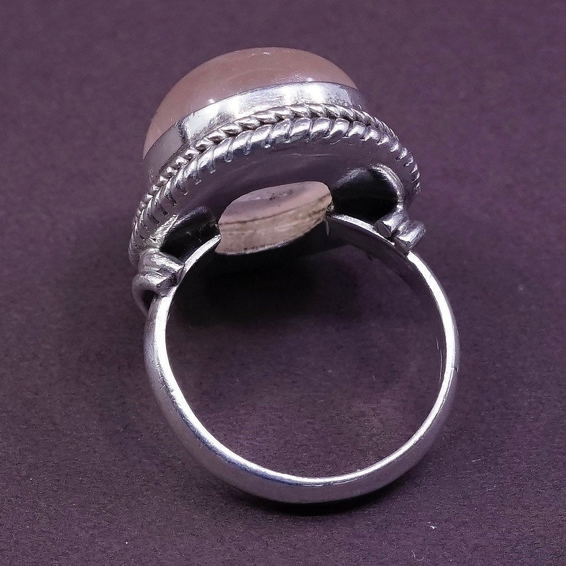 sz 8.5, vtg Sterling silver handmade ring, 925 w/ pink Quartz N cable