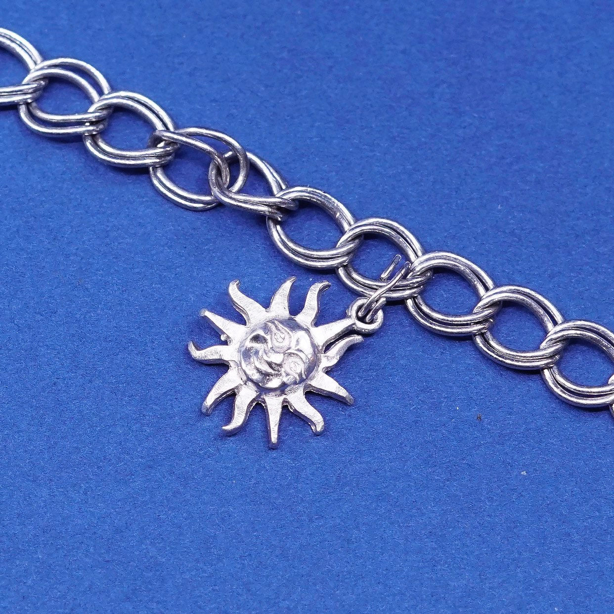 7.25" 6mm, Sterling silver handmade charm bracelet 925 double curb chain w/ sun