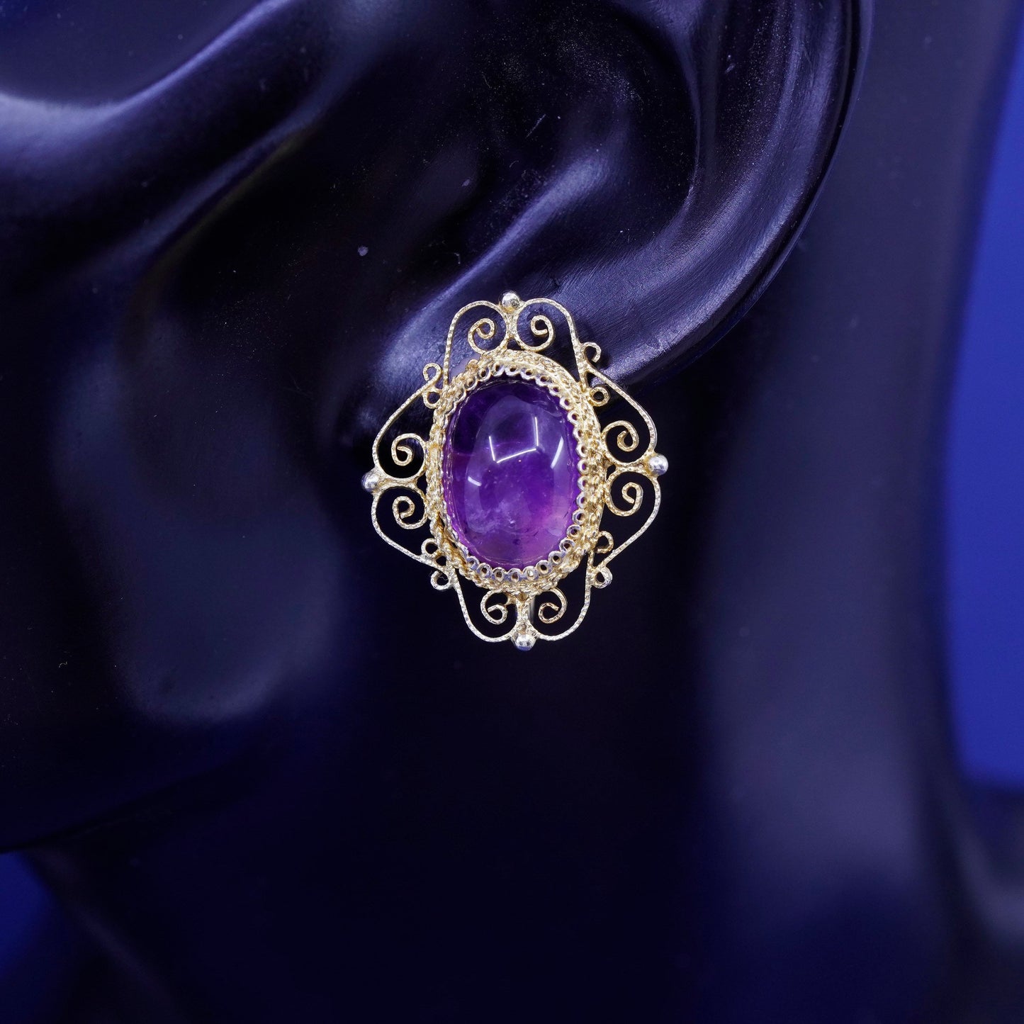 vermeil Sterling silver handmade earrings gold 925 filigree screw back amethyst