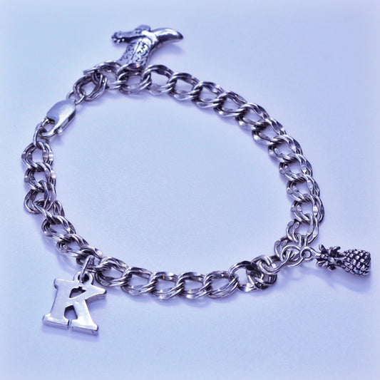 7.5”, Sterling 925 silver bracelet, curb chain K pineapple riding boot charms