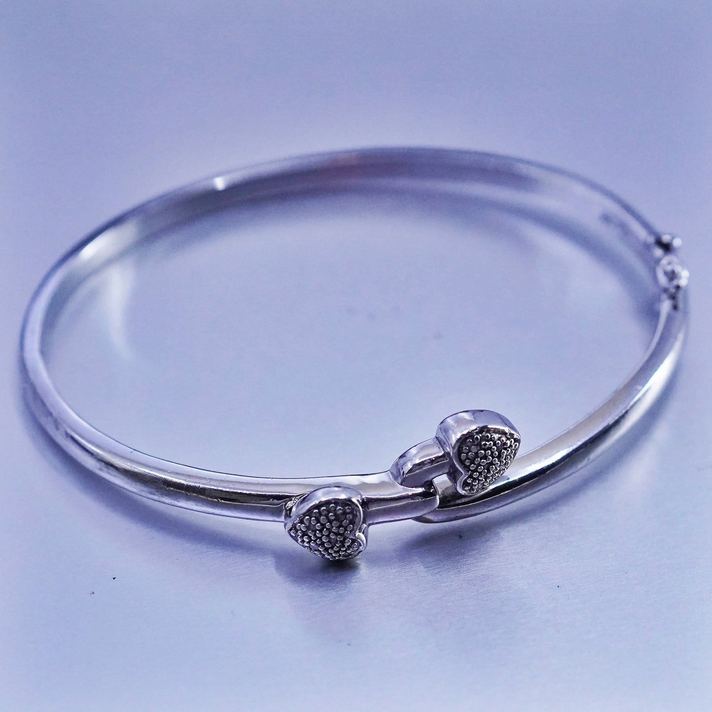 7”, Vintage Sterling 925 silver handmade bracelet, hinged bangle diamond heart