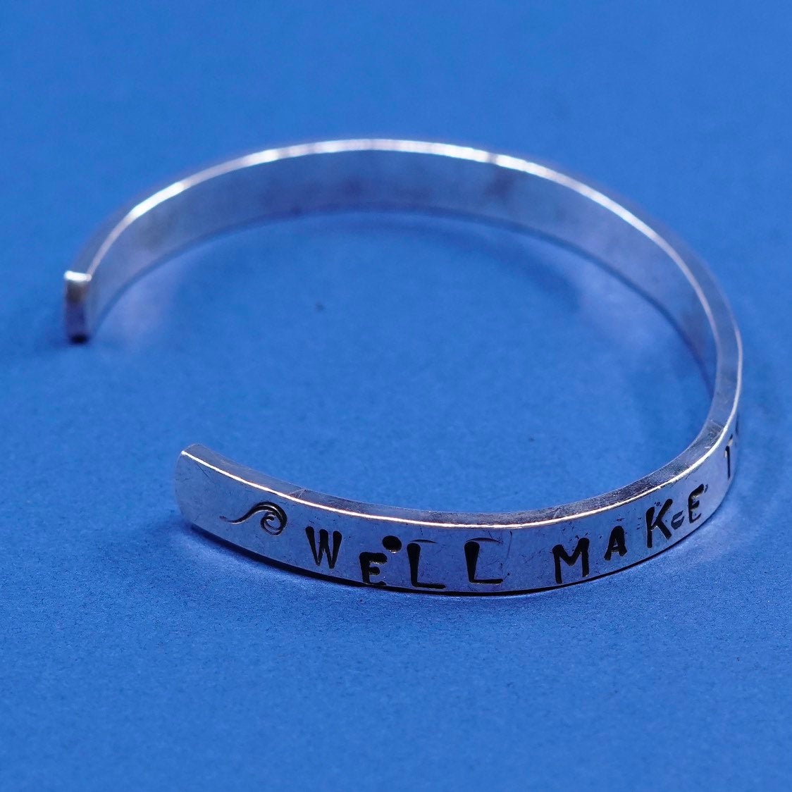 6.75", vtg sterling silver handmade bracelet, hammered quote 925 cuff well make