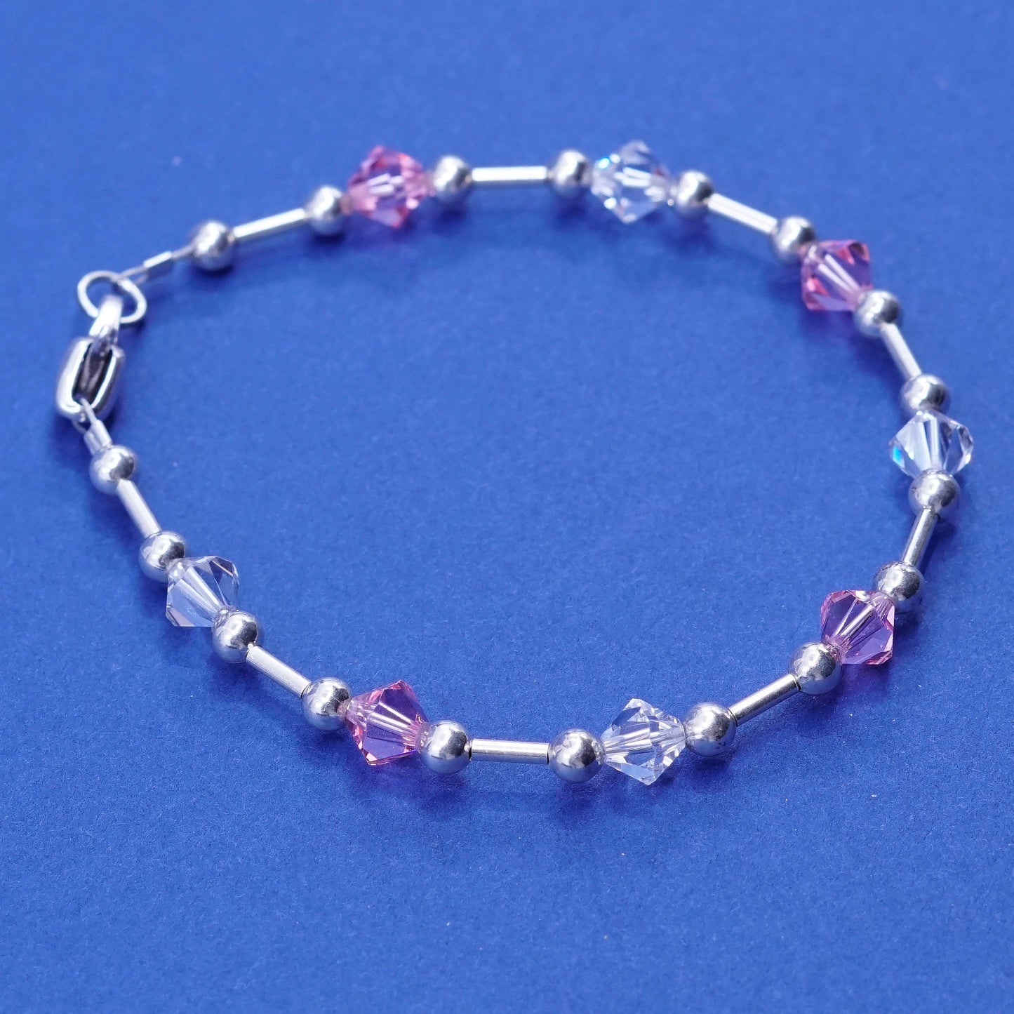 6.75”, vintage sterling 925 silver handmade bracelet with pink crystal beads