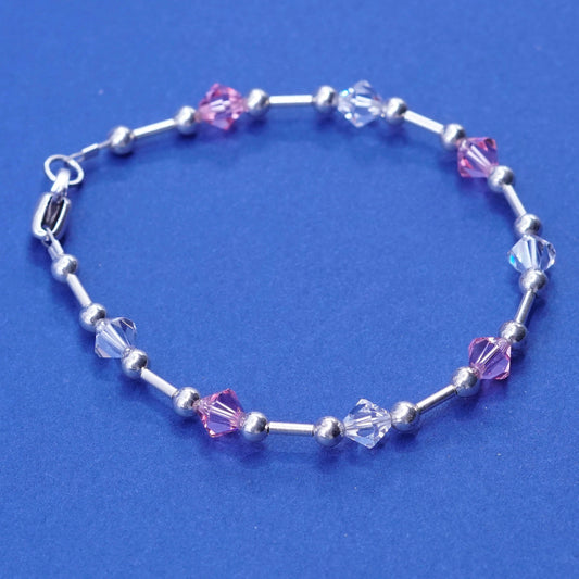 6.75”, vintage sterling 925 silver handmade bracelet with pink crystal beads