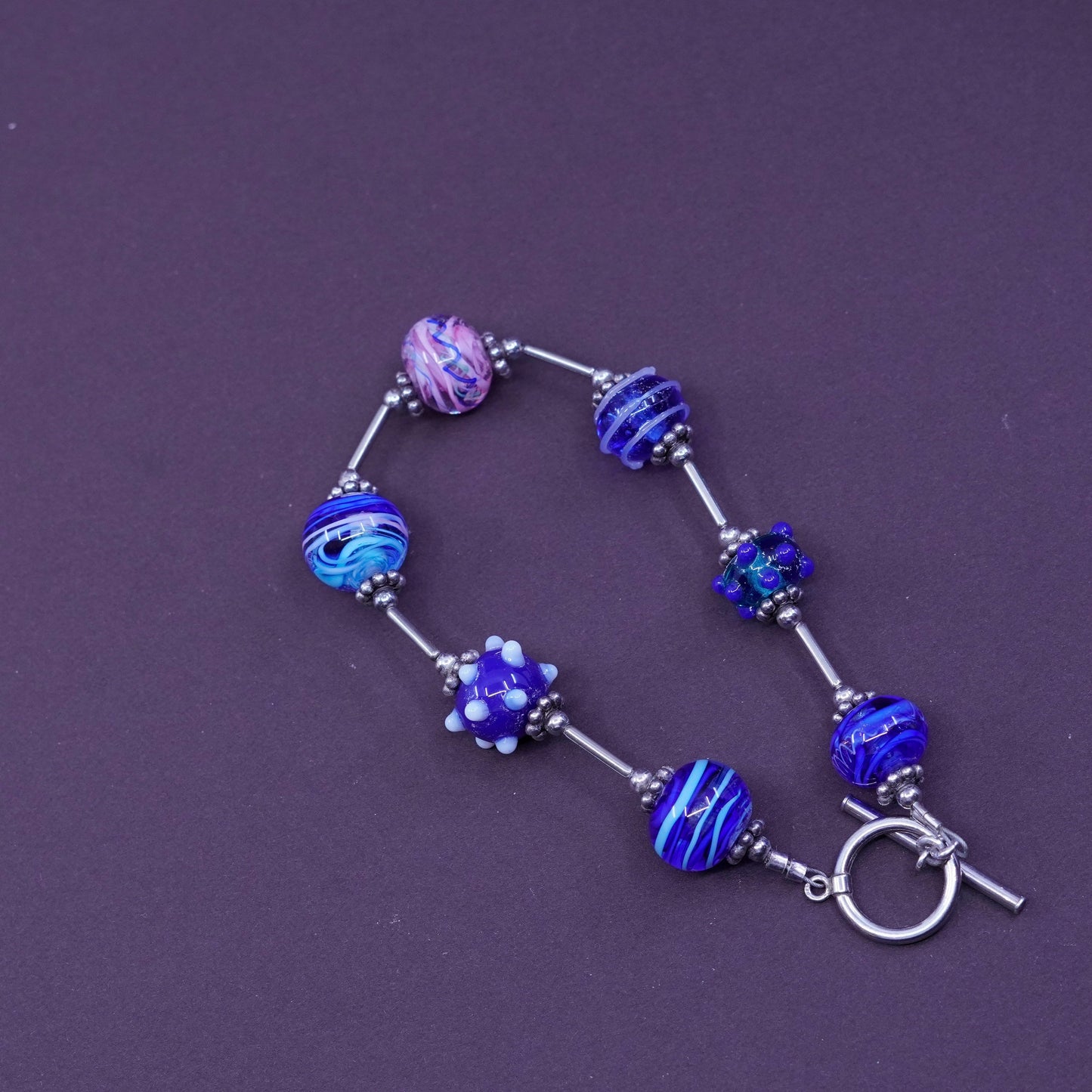 7.25”, vtg sterling 925 silver bar chain with blue artisan glass bead bracelet