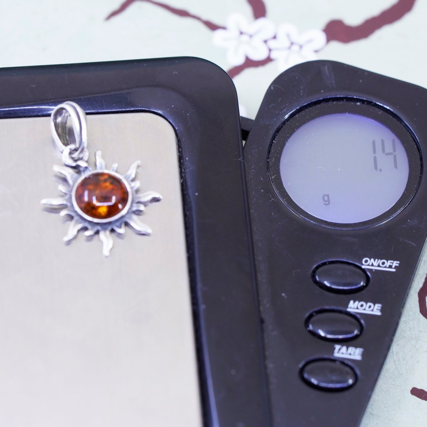 Vintage Sterling 925 silver handmade Sun pendant with Amber