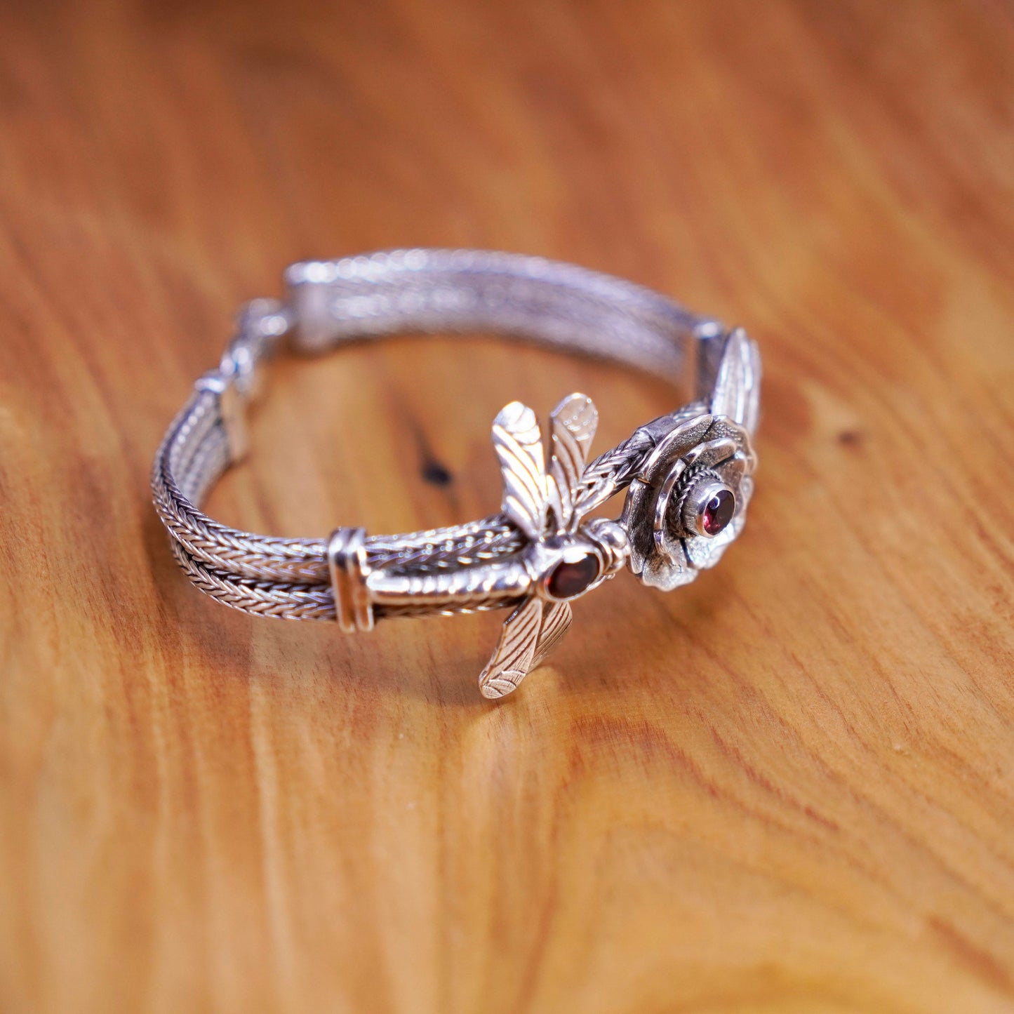 7.75”, Sterling 925 silver double strands wheat chain bracelet dragonfly flower