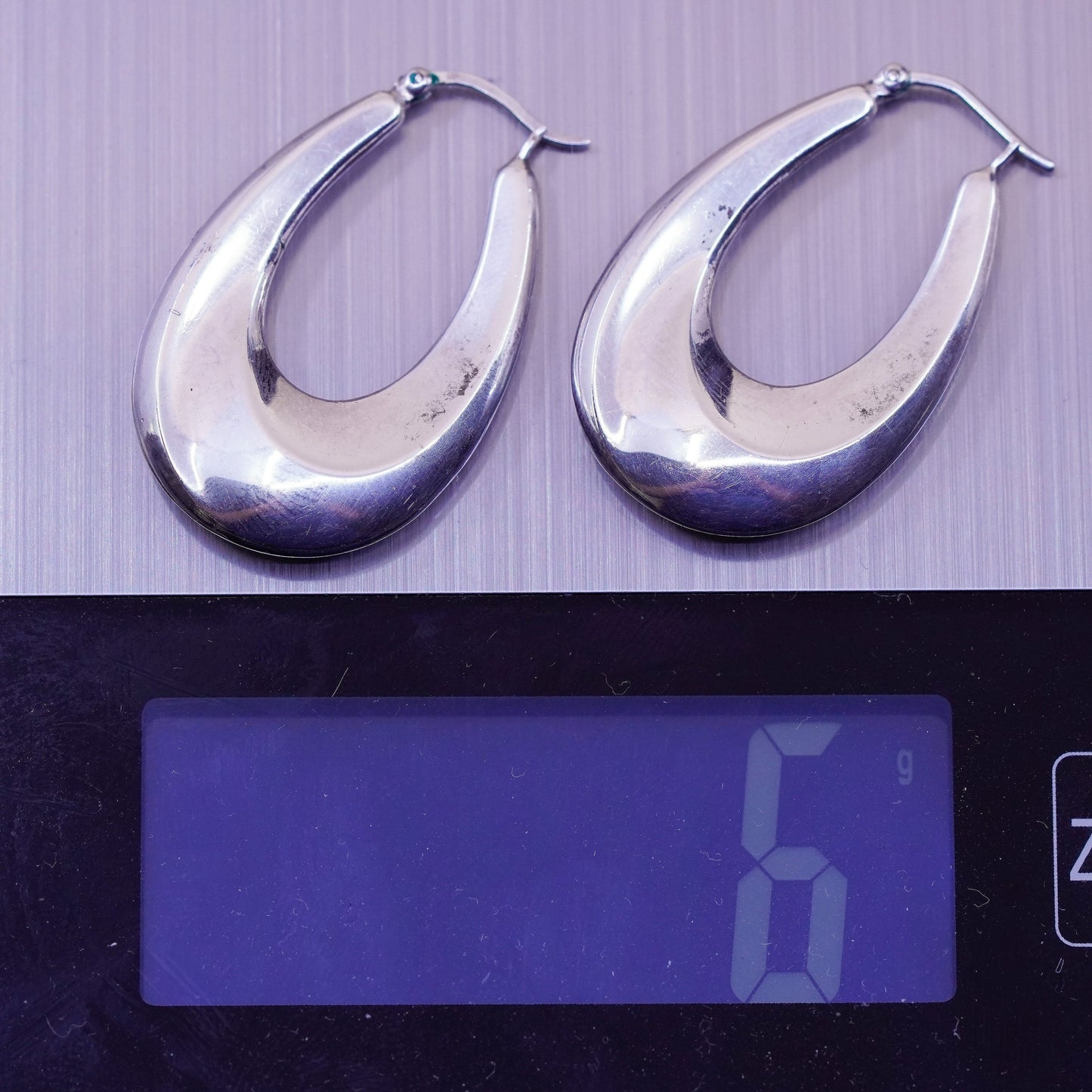 1.25” Vintage sterling silver oval earrings, minimalist primitive Huggie hoops